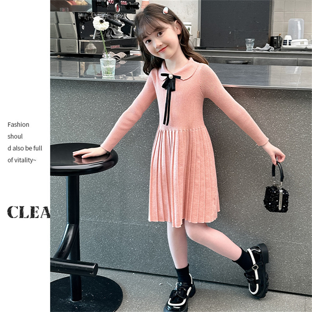 Girls Knitted Dress Cute Doll Collar Sweater Long Dress