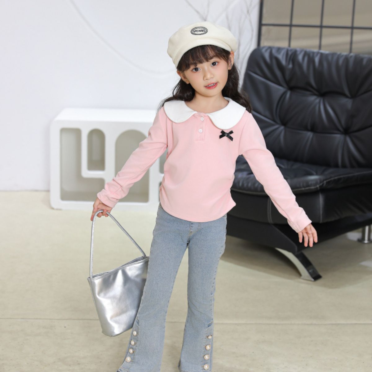 Children's autumn and winter doll collar bottoming shirt for girls fashionable and versatile long-sleeved T-shirt baby sweet top