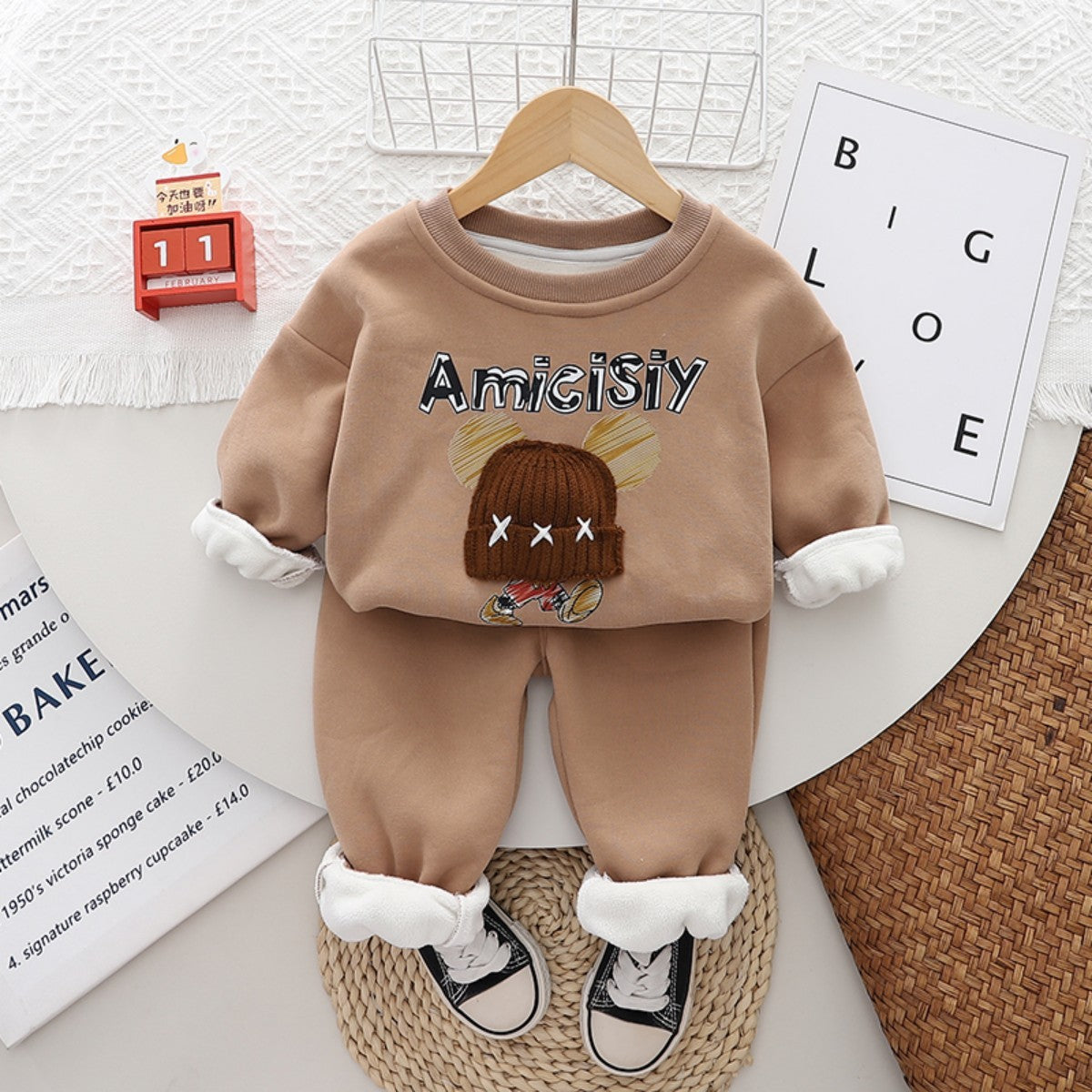 New autumn and winter new style baby plus fleece sweater suit girls leisure one-piece fleece round neck winter wear two-piece sweater