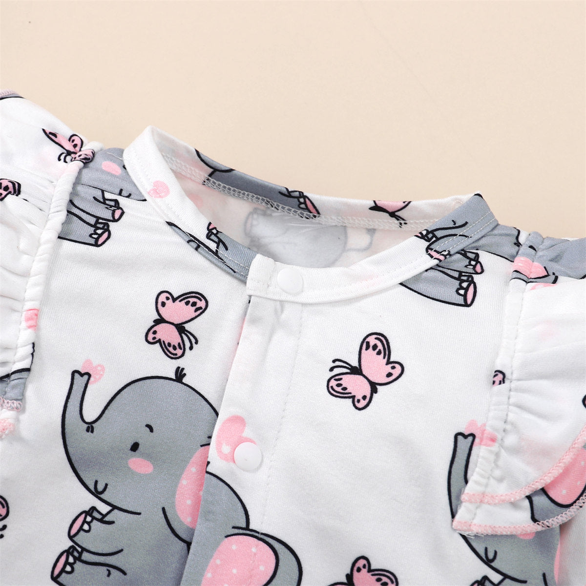 2-piece Baby Girl Ruffled Elephant Printed Button Front Long-sleeved Long-leg Romper & Matching Bowknot Decor Headwrap