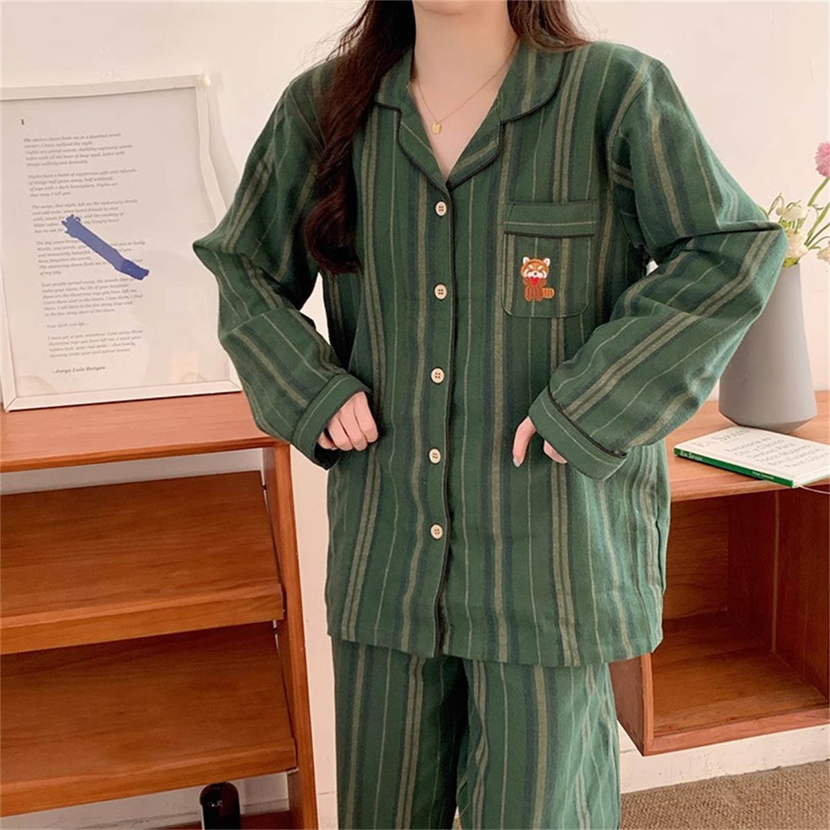 Bear striped long-sleeved large size suit thin section female cartoon homewear