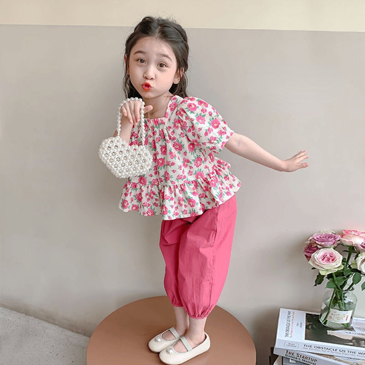 Girls summer new style little girl baby children square collar floral suit small children suit