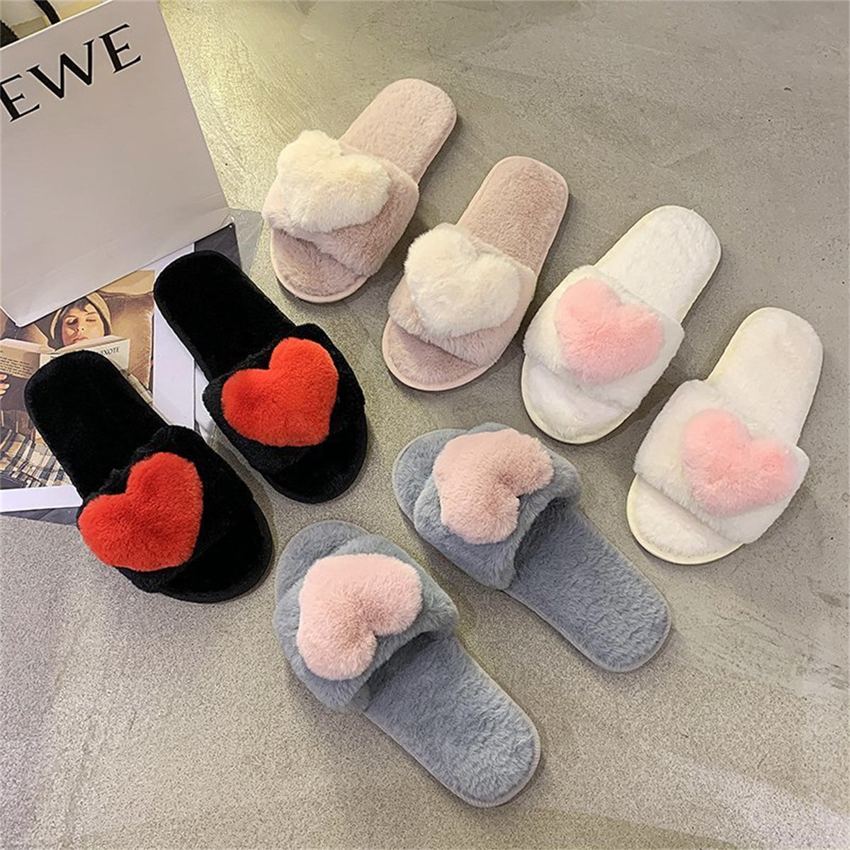 Furry love heart style autumn and winter temperament slippers shallow mouth women flat heel flat bottom daily home furry cotton slippers love word fur slippers