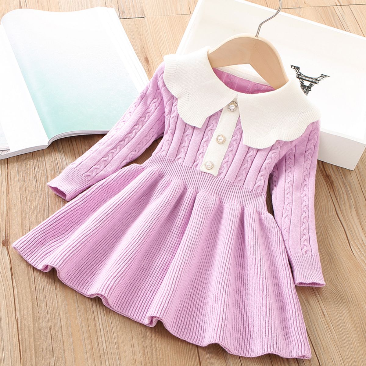 Girls sweater dress 2022 winter new style solid color little girl knitted long-sleeved princess dress