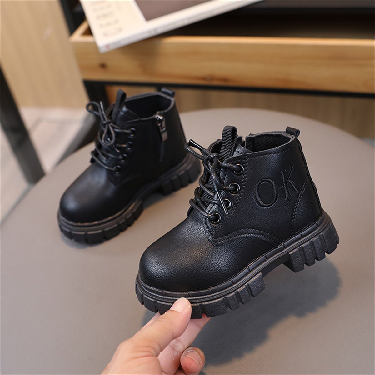 Children's autumn and winter solid color non-slip wear-resistant zipper letter lace-up Martin boots for boys and girls