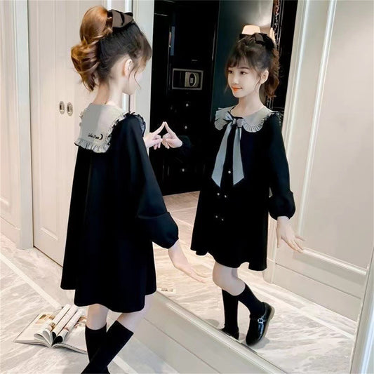 Girls dress with lapel and long sleeves elegant solid color