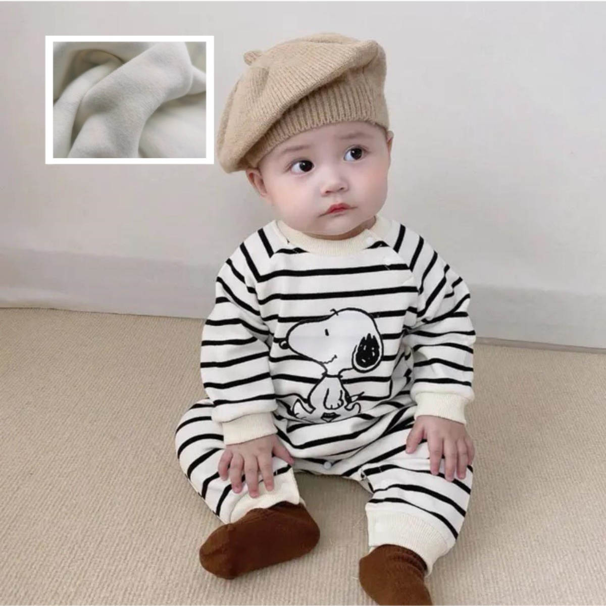 Infant and Toddler Autumn Plus Velvet Striped Snoopy Pullover Romper