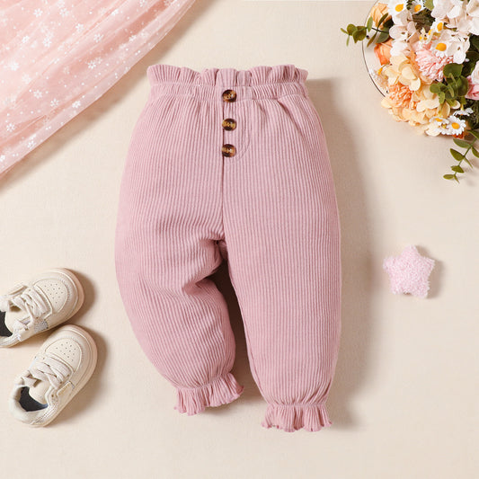 One-piece trousers for baby girls in spring and autumn, solid color trousers with lace waist and hem, sweet and cute one-piece leggings for baby girls