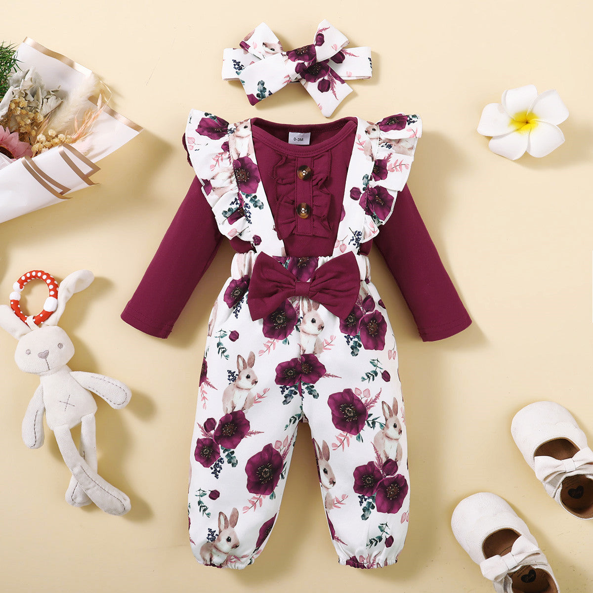 3-piece Baby Girl Solid Color Ruffled Button Front Long Fly Sleeve Romper & Ruffled Allover Floral Pattern Suspender Pants & Bowknot Headwrap