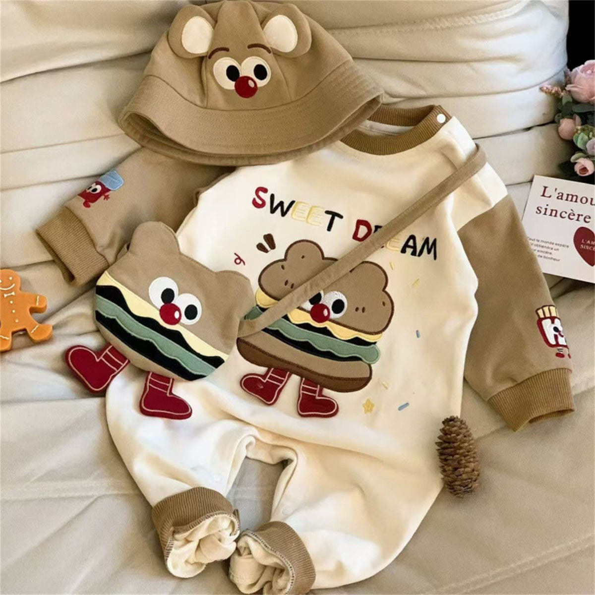 Baby cartoon hooded long-sleeved hat shoulder bag three-piece crawling suit