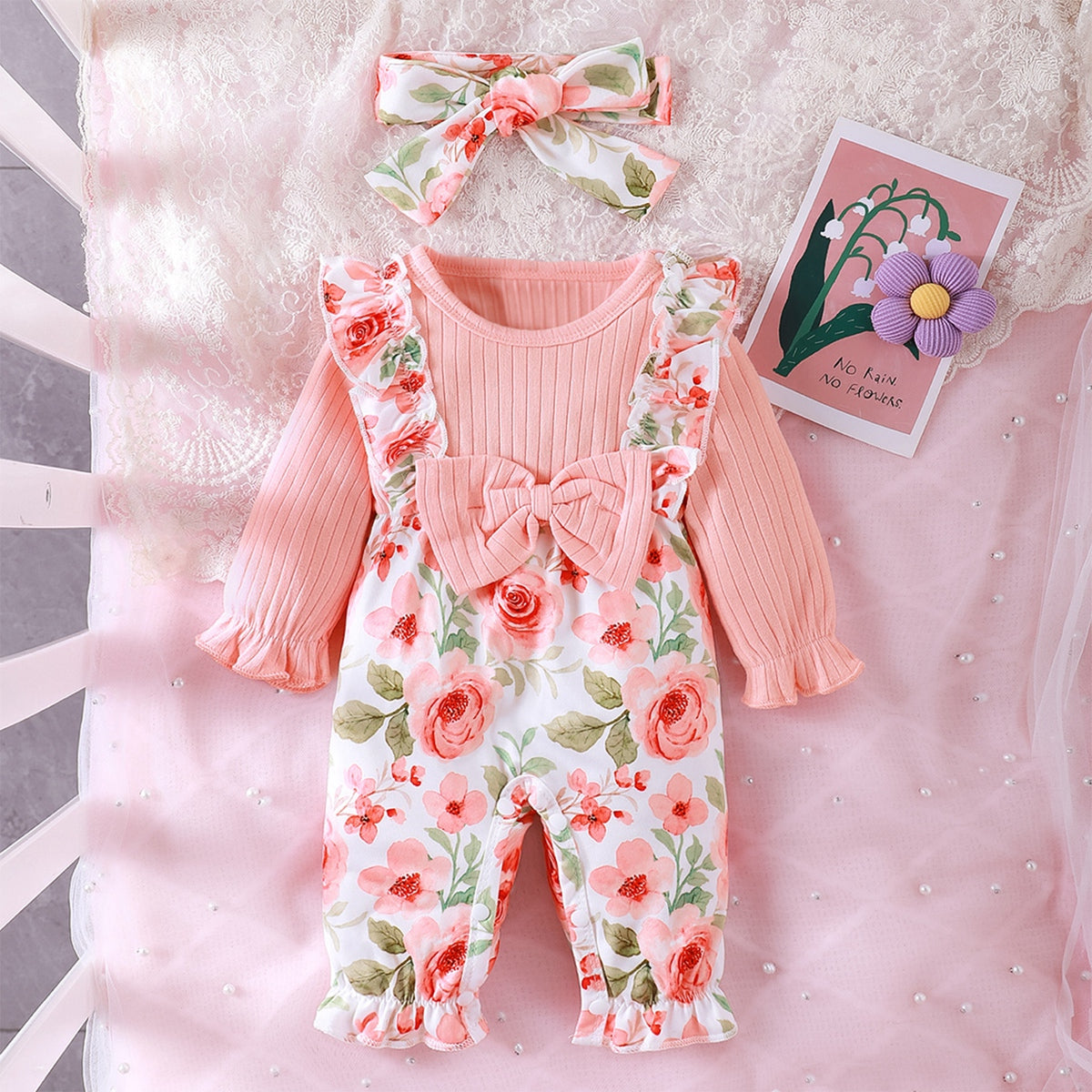 Baby Girl Long Sleeve Striped Cotton with Flower Long Leg Romper