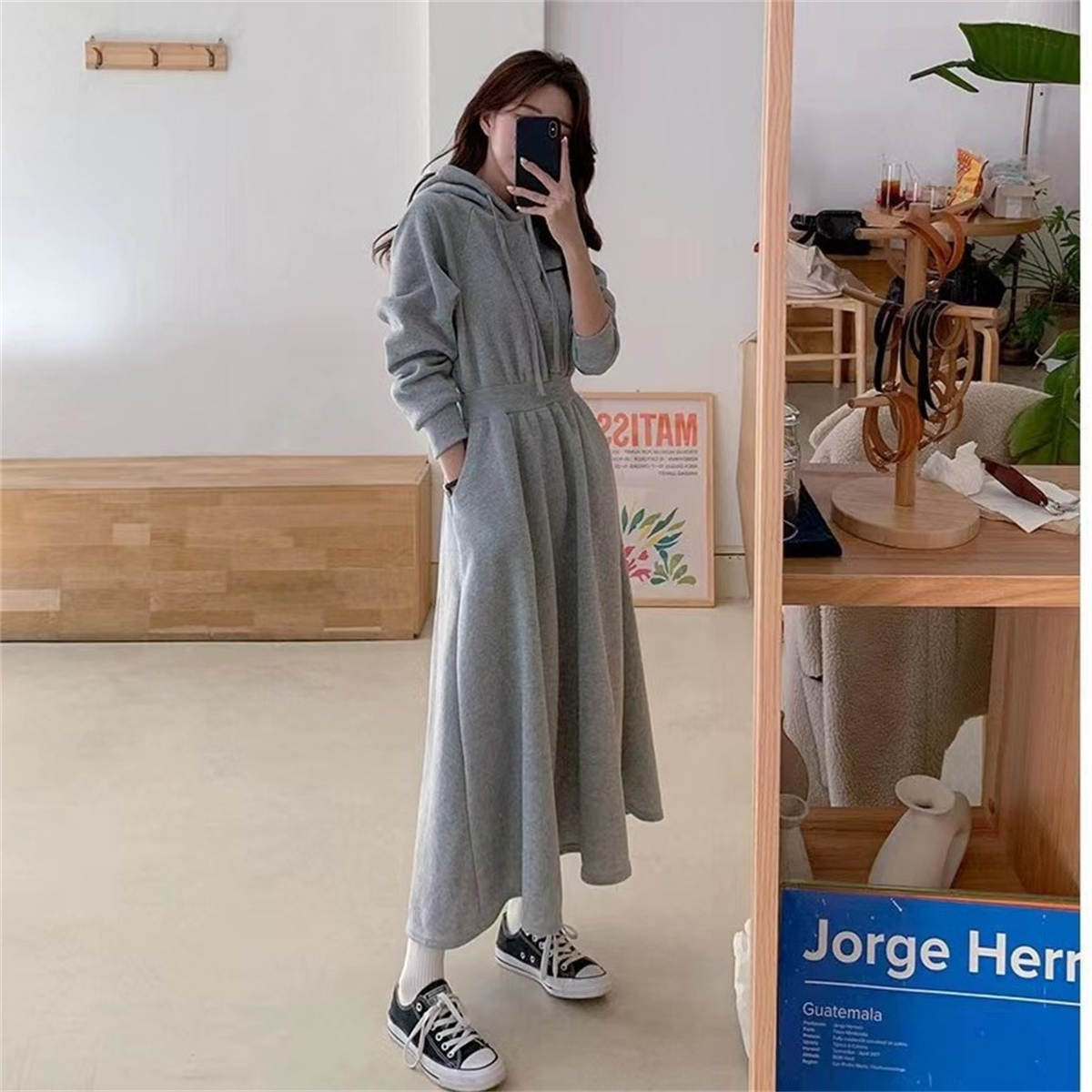 Women's hooded long-sleeved dress high waist slimming below knee length skirt