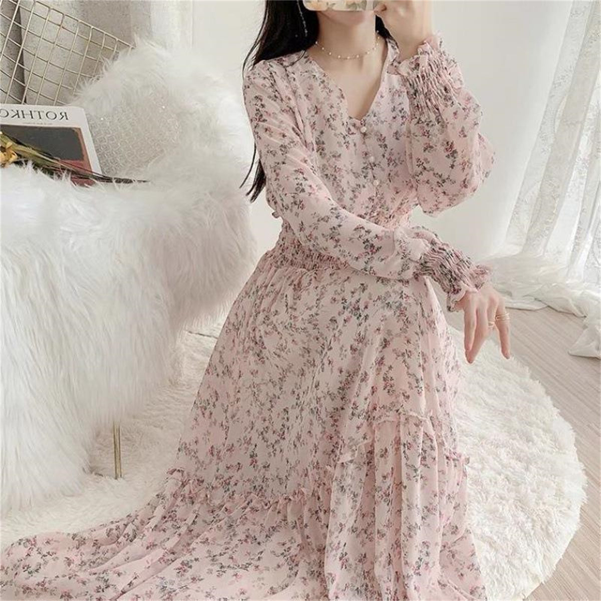 Adult floral chiffon ruffle dress