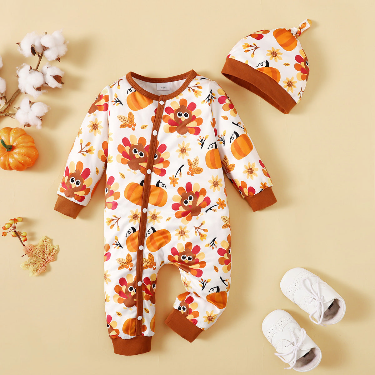 Romper with hat for autumn, Halloween and Thanksgiving design, featuring turkey and pumpkin prints