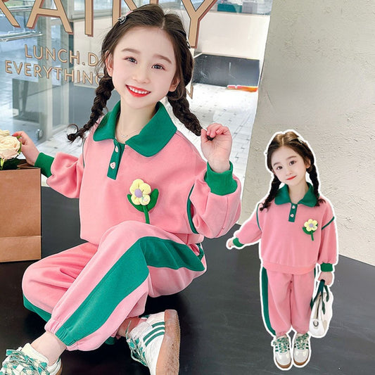 Girls Autumn Lapel Flower Colorblock Sports Suit