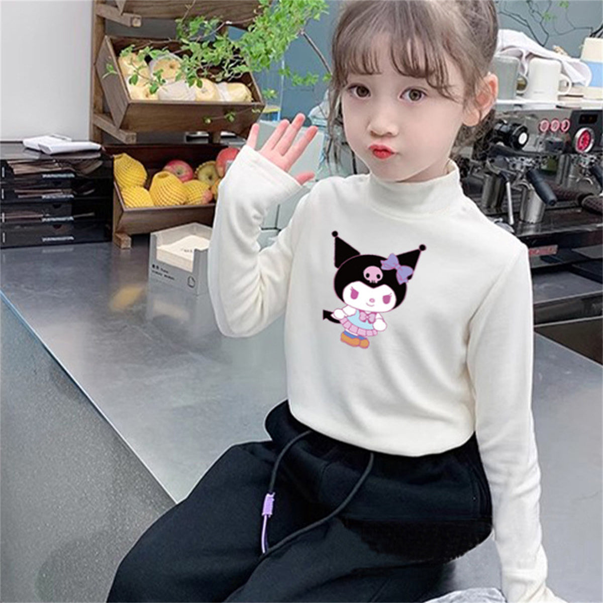 Girls&#39; German velvet half turtleneck bottoming shirt with cartoon print inner wear