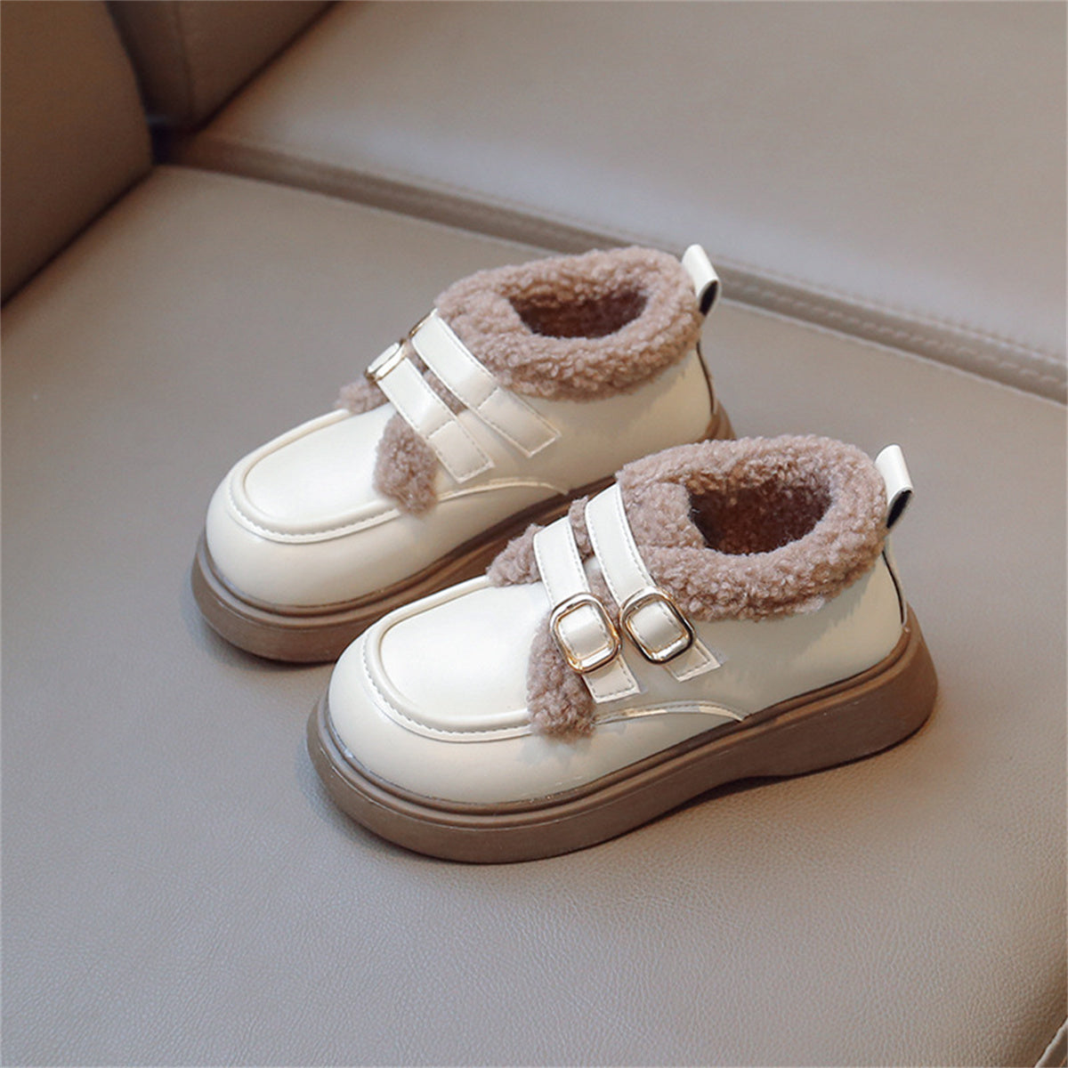 Children's girls' winter style British style plus velvet warm leather shoes low-top cotton shoes