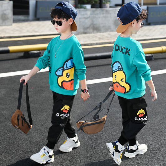 Little yellow duck boy sweater suit spring and autumn new children's sportswear two-piece suit cartoon medium and large children's clothing