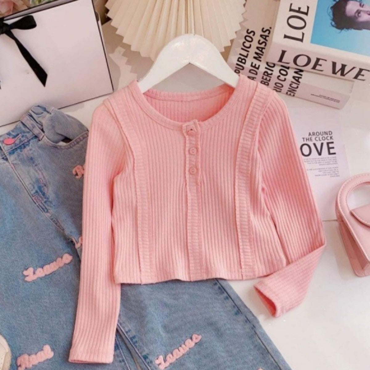 Girls suits spring new Korean style girls long-sleeved round neck waist top jeans two-piece suit