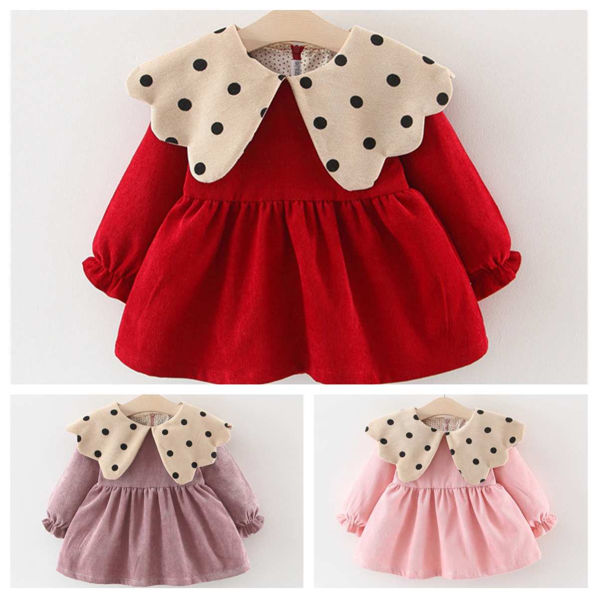 Baby Girls Corduroy Long Sleeve Dress Large Polka Dot Lapel Dress