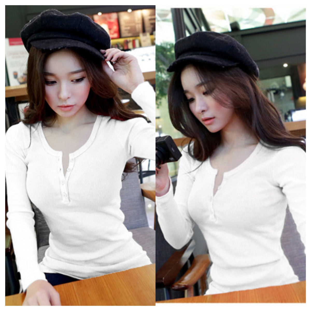 Women's autumn button thread solid color long sleeve bottoming shirt