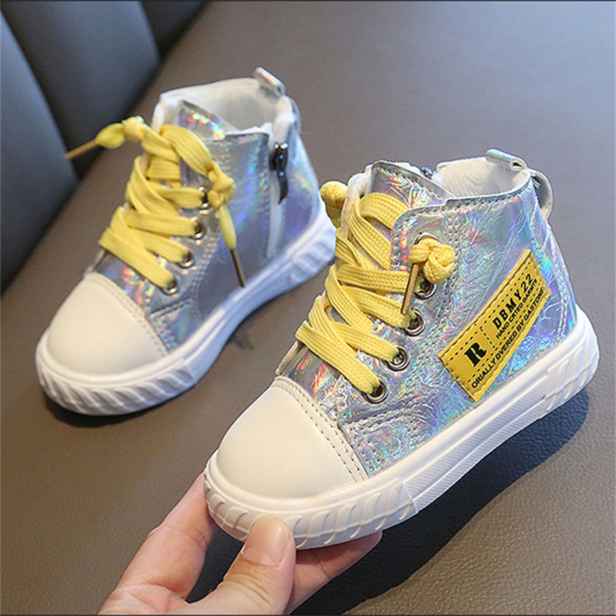 Winter velvet-lined bright-color sequined high-top canvas shoes for boys and girls