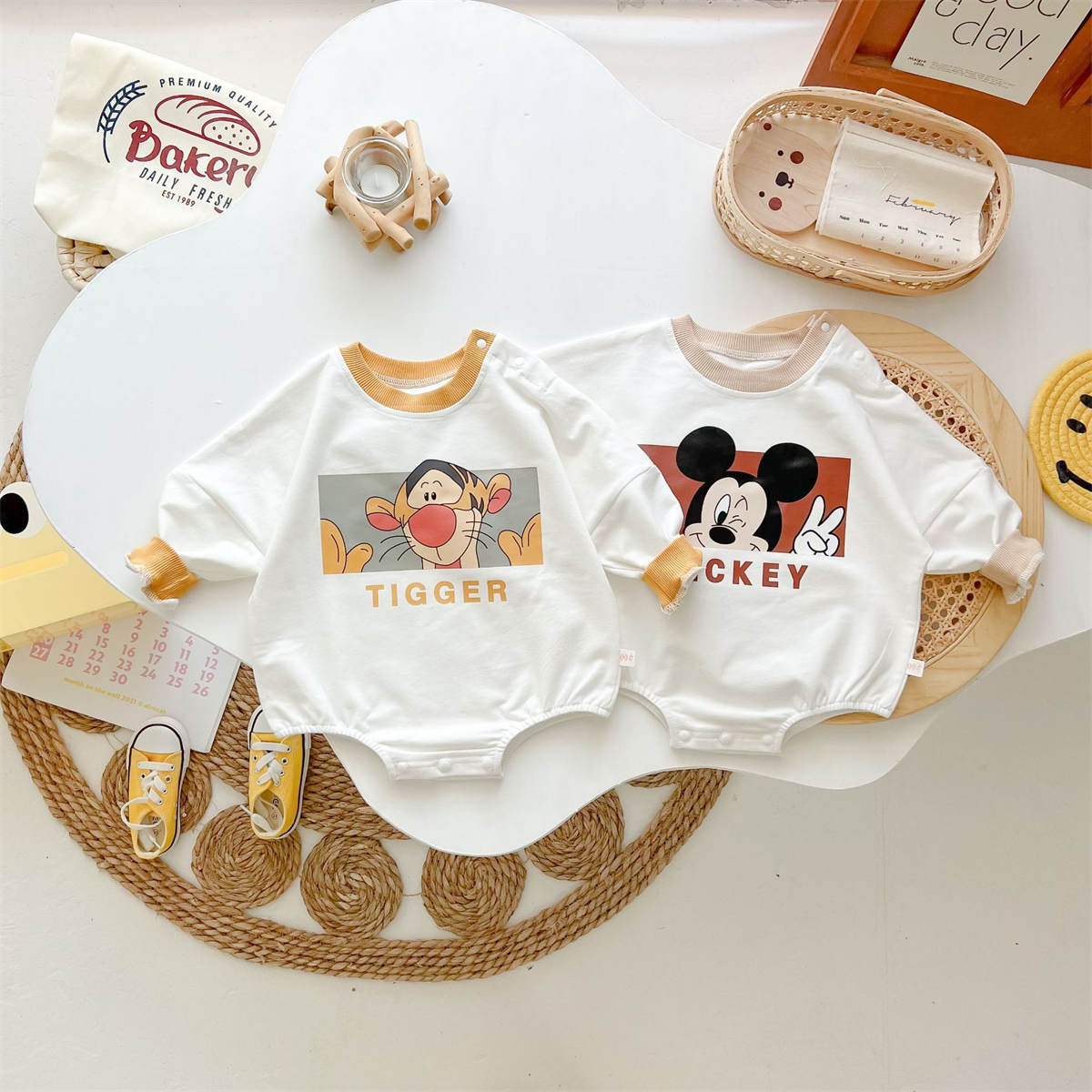 Baby triangle cartoon Mickey Mouse baby clothes with hidden buttons and long sleeves