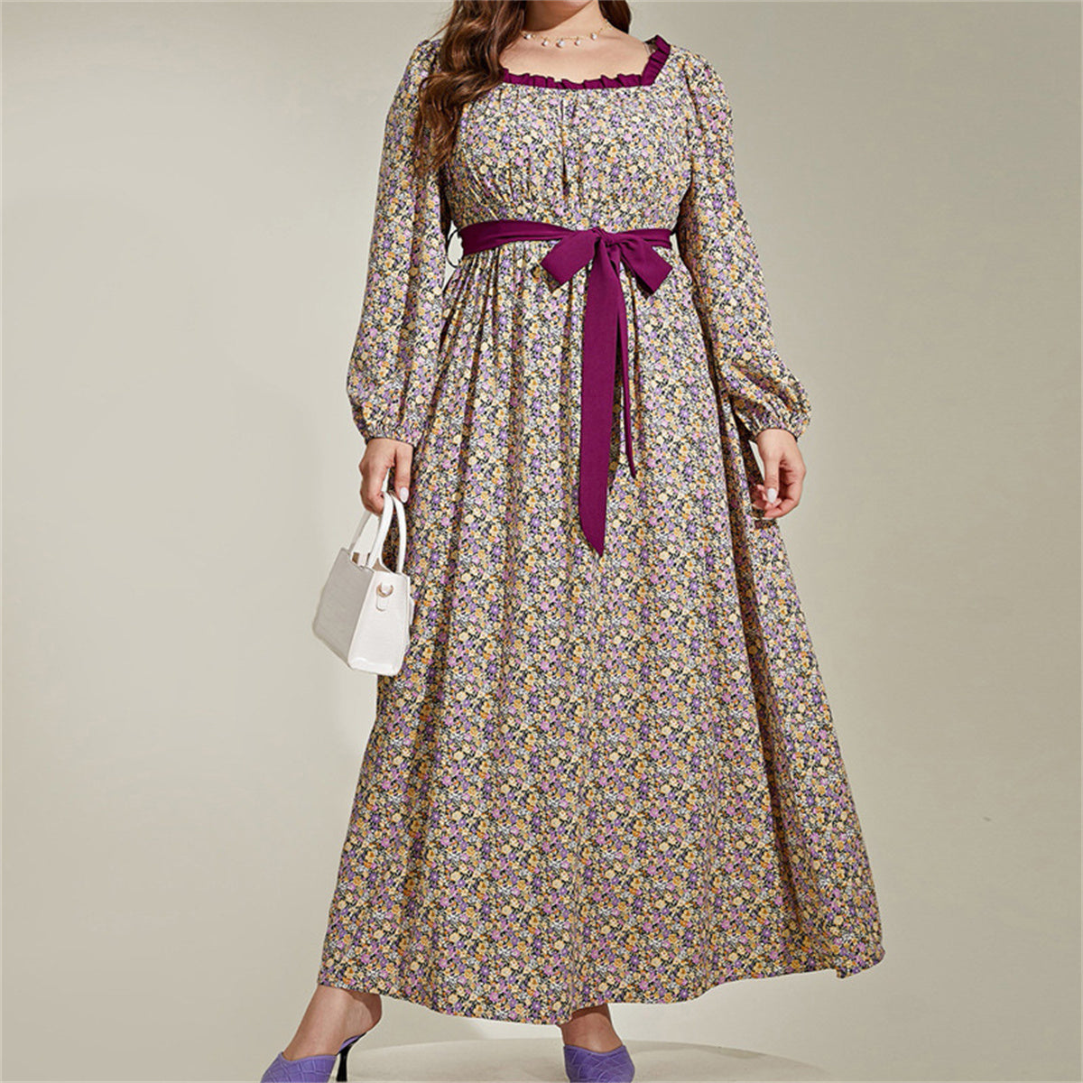 Colorblock Floral Print Square Neck Long Dress