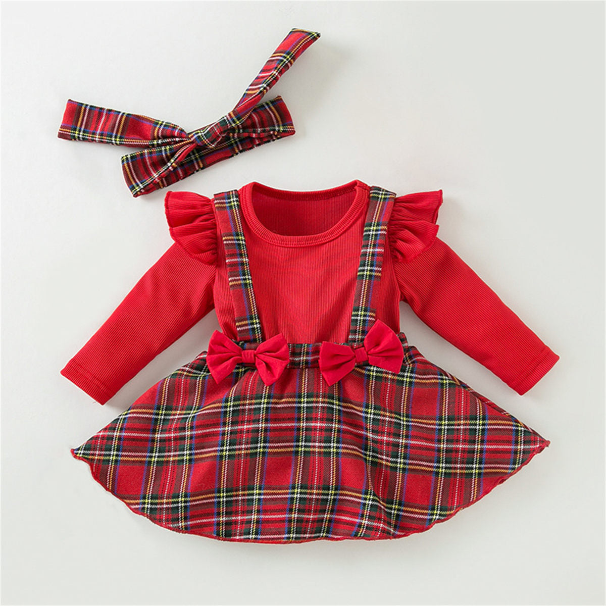 Dress with head bow, suspender skirt, Christmas design