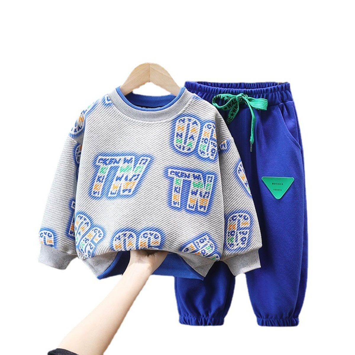 Spring and autumn boys suit autumn clothes middle and large children long-sleeved fake two-piece sweatshirt casual pants sportswear two-piece suit