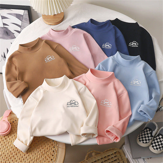 Winter half-high collar inner wear for medium and large children's boys and girls, warm and cute patterned bottoming shirts