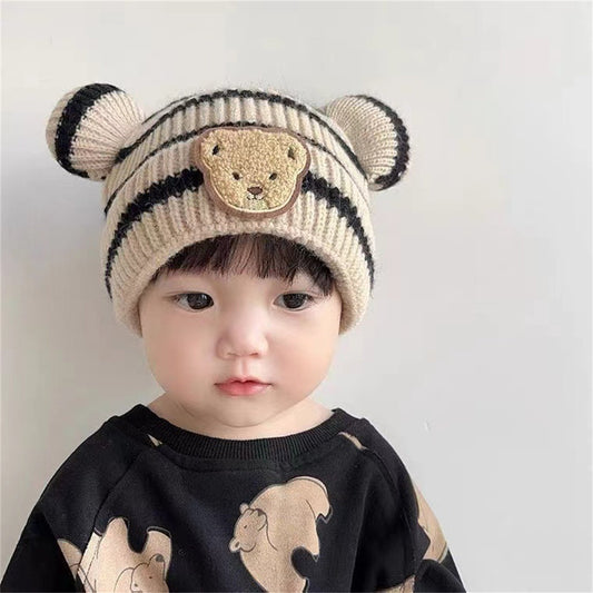 Children's cute striped bear double ball knitted warm windproof wool hat