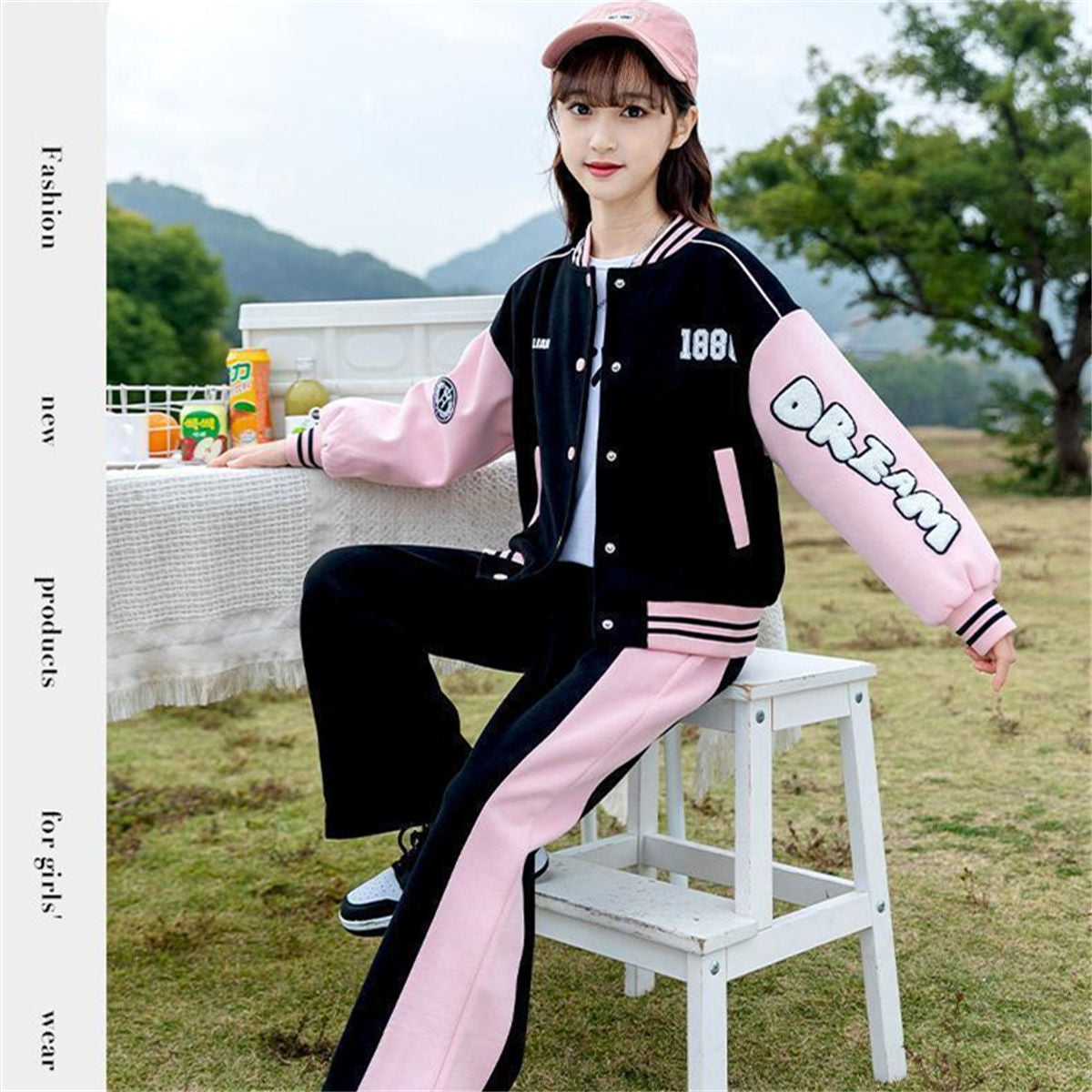 Autumn color matching simple sports style baseball uniform suit for middle and large children and girls