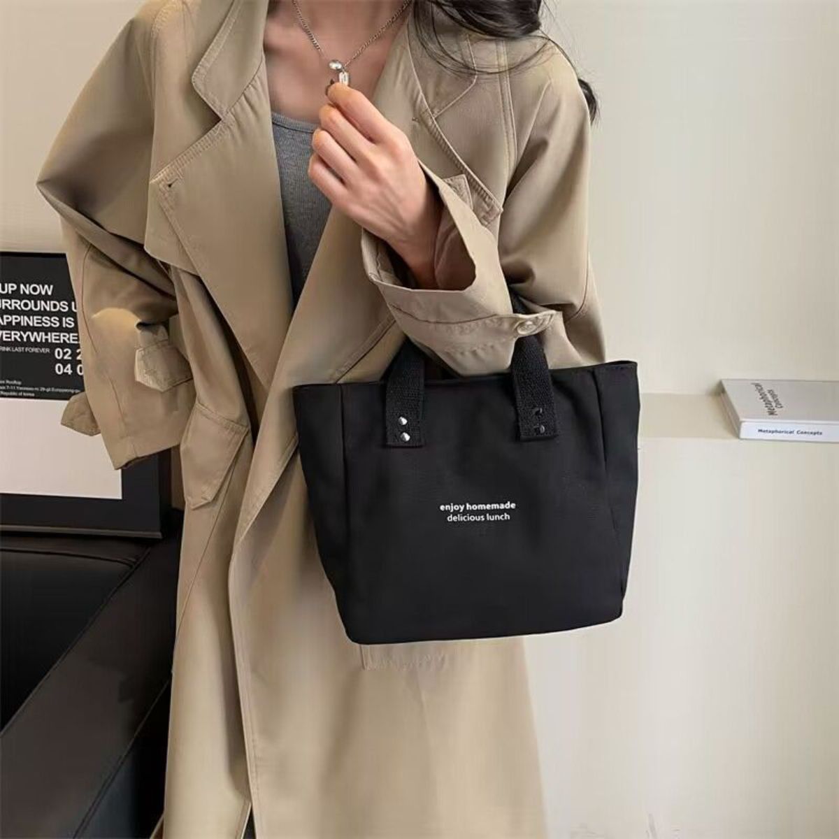 Canvas solid color handbag Japanese style lunch mommy handbag for women