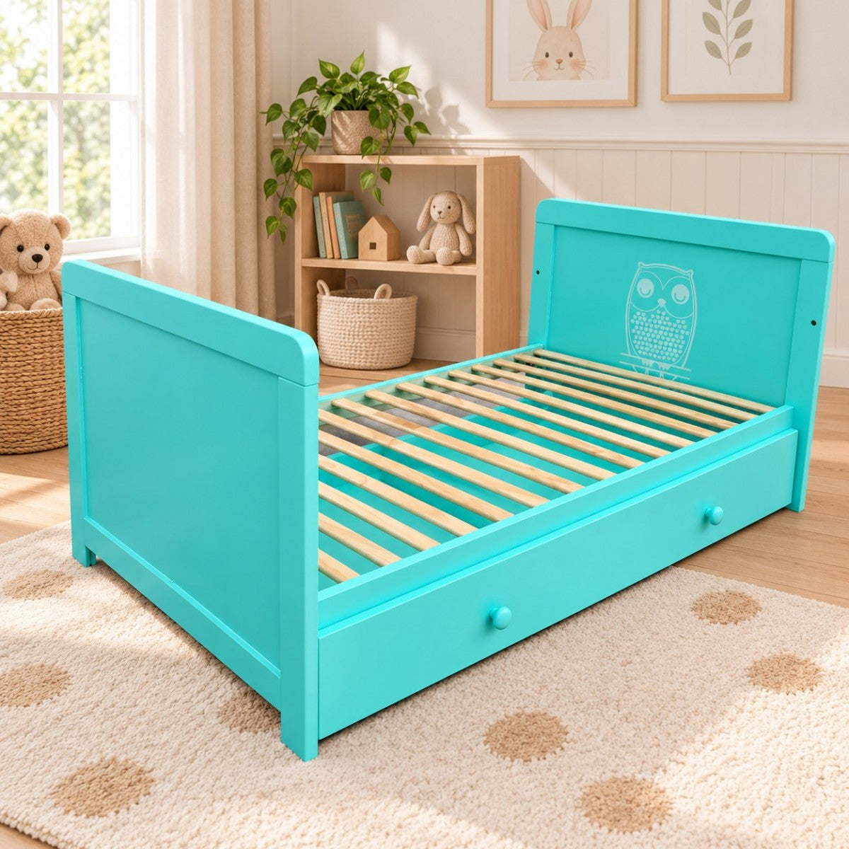 Hibobi 2-in-1 Convertible Baby Crib with Changing Table & Storage Drawer - Turquoise