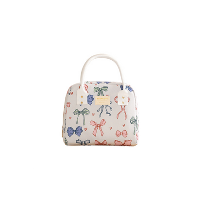 Bow Print Kids Lunch Bag with Top Handle, Cute Portable Food Storage Bag for Girls