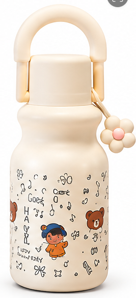 Kids Insulated Water Bottle with Rounded Carry Handle and Cute Cartoon Design