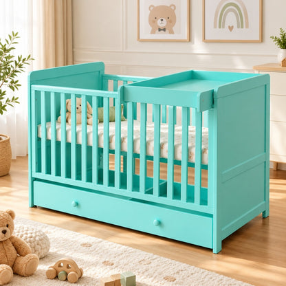 Hibobi 2-in-1 Convertible Baby Crib with Changing Table & Storage Drawer - Turquoise