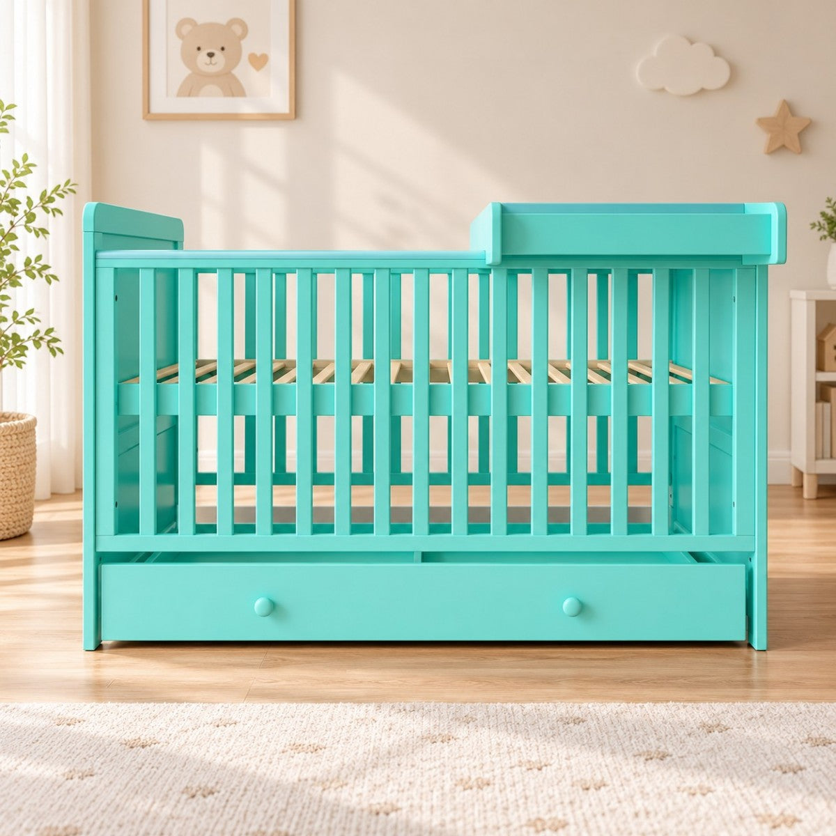 Hibobi 2-in-1 Convertible Baby Crib with Changing Table & Storage Drawer - Turquoise