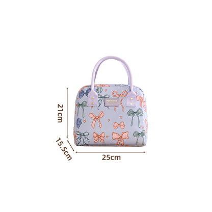 Bow Print Kids Lunch Bag with Top Handle, Cute Portable Food Storage Bag for Girls