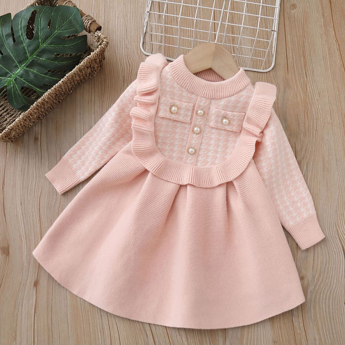 Girls sweater dress autumn and winter new style small fragrance style lace knitted dress baby girl small children's skirt