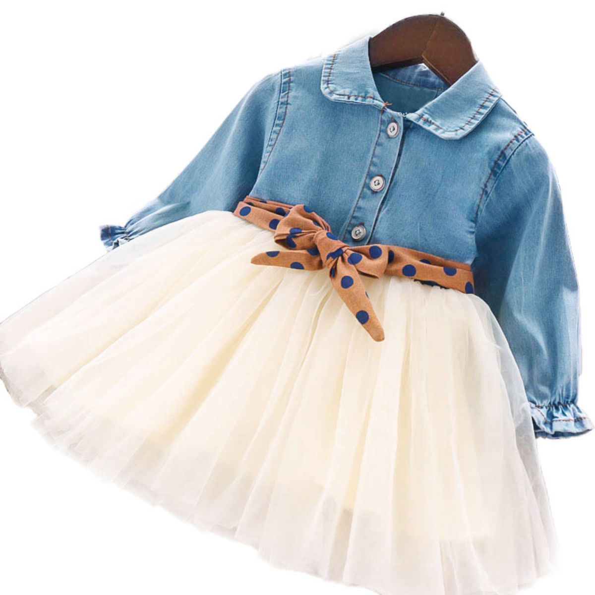 New autumn girls dress small and medium children's fashionable long-sleeved denim skirt polka dot belt skirt