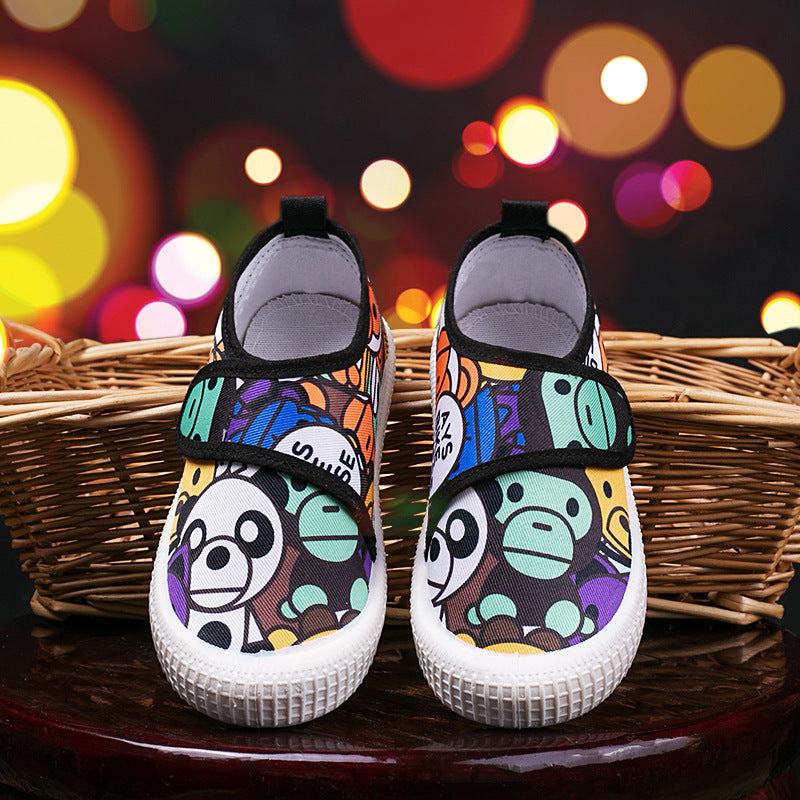 Children's and boys' autumn style cute printed patterns indoor breathable non-slip Velcro low-top canvas shoes