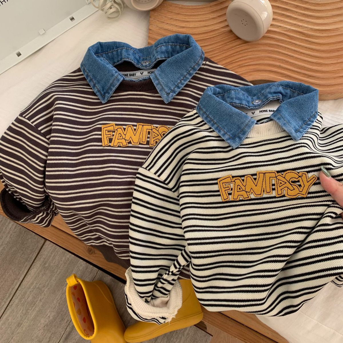 Children's sweatshirt autumn boys' small and medium children's striped denim collar sweatshirt baby casual top