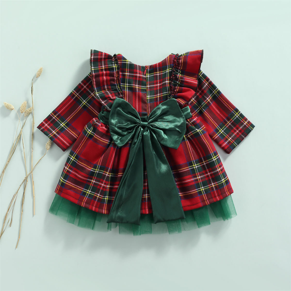 Holiday Women's Plaid Long Sleeve Dress Christmas Big Bow Mesh Princess Dress