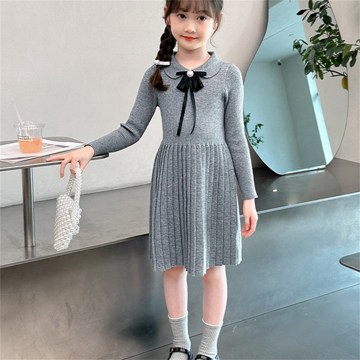 Girls Knitted Dress Cute Doll Collar Sweater Long Dress