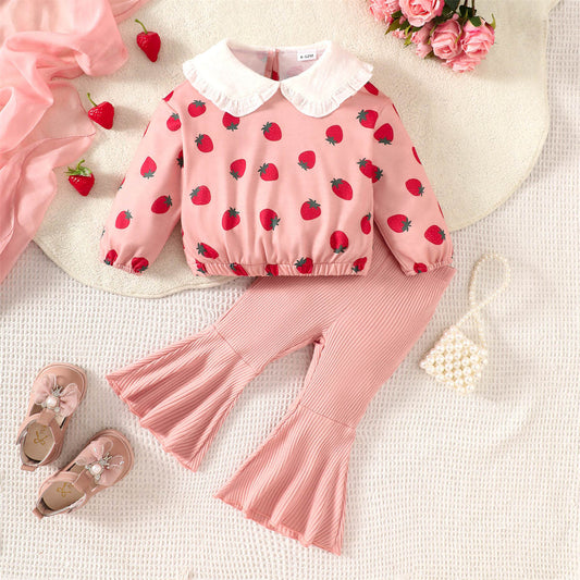 Girls Strawberry Print Long Sleeve Doll Collar Top Flared Pants Set