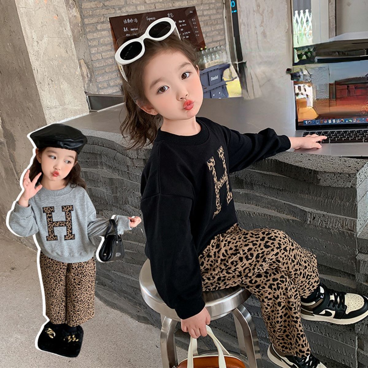 Girls suit sweatshirt new style baby long-sleeved children's top leopard print fashion wide-leg pants two-piece suit