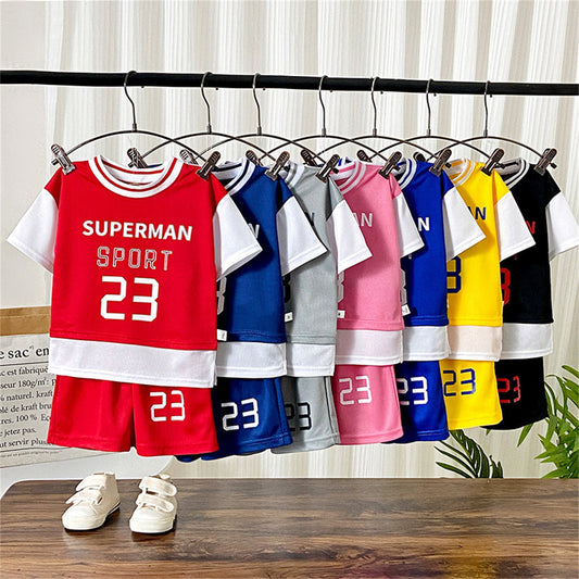 New summer children's sports short-sleeved basketball uniforms set fake two-piece boys' jerseys girls' clothing