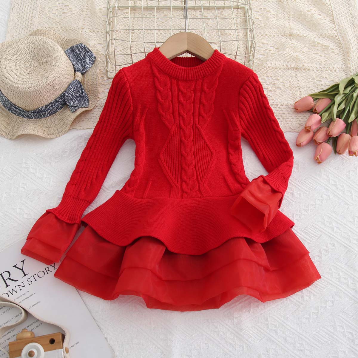 Multicolor Autumn Children's Clothing Knitted Long Sleeve Girls Princess Organza Sweater Dress